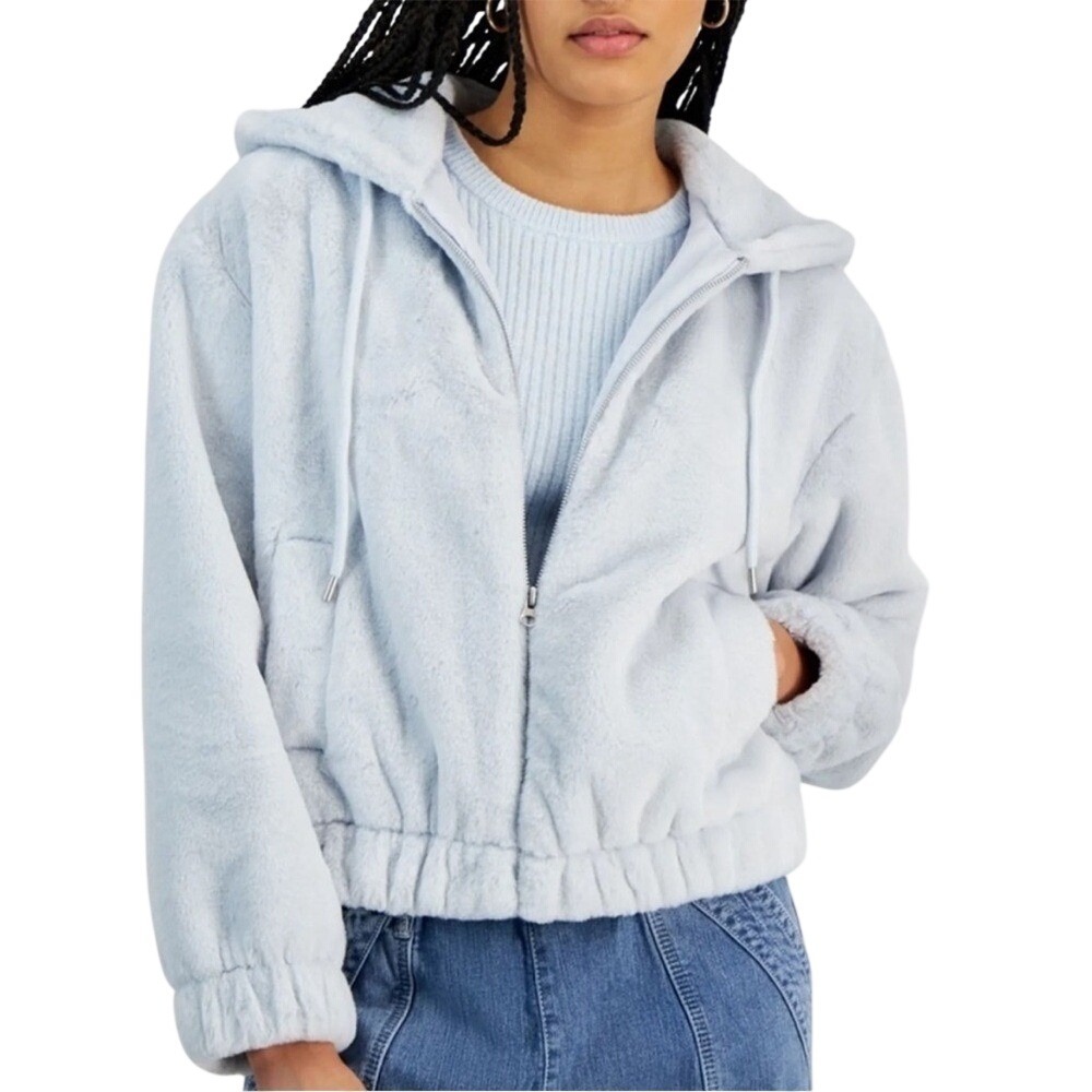 NEW Planet‎ Heart Faux Fur Hooded Zip Up Sweatshirt Soft Jacket XS